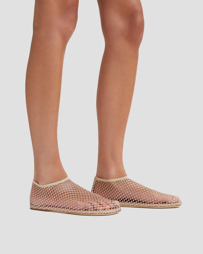 Mia Rhinestone Fishnet Flats In Brown