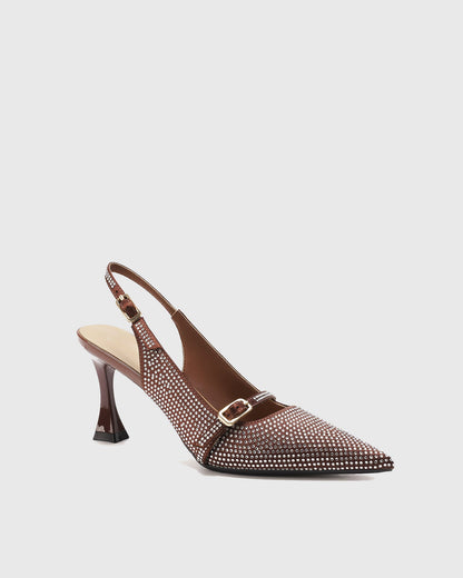 Miah Rhinestone Slingback Flared Heels In Brown