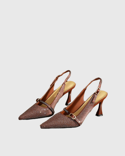 Miah Rhinestone Slingback Flared Heels In Brown