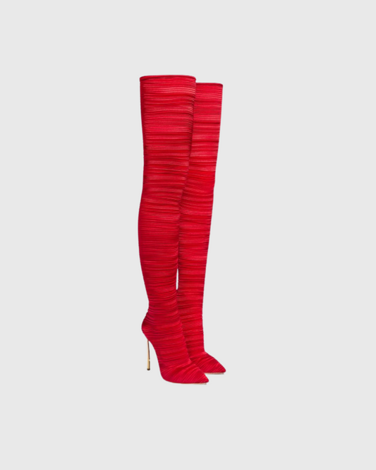 Miley Ribbed Velvet Over The Knee Boots In Red