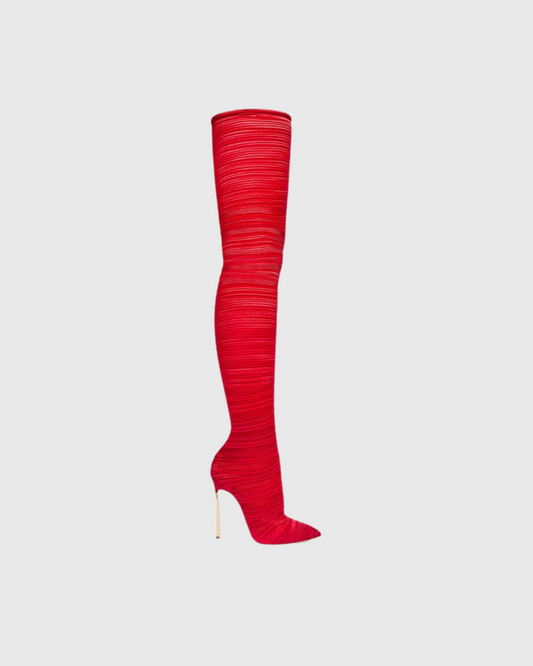 Miley Ribbed Velvet Over The Knee Boots In Red