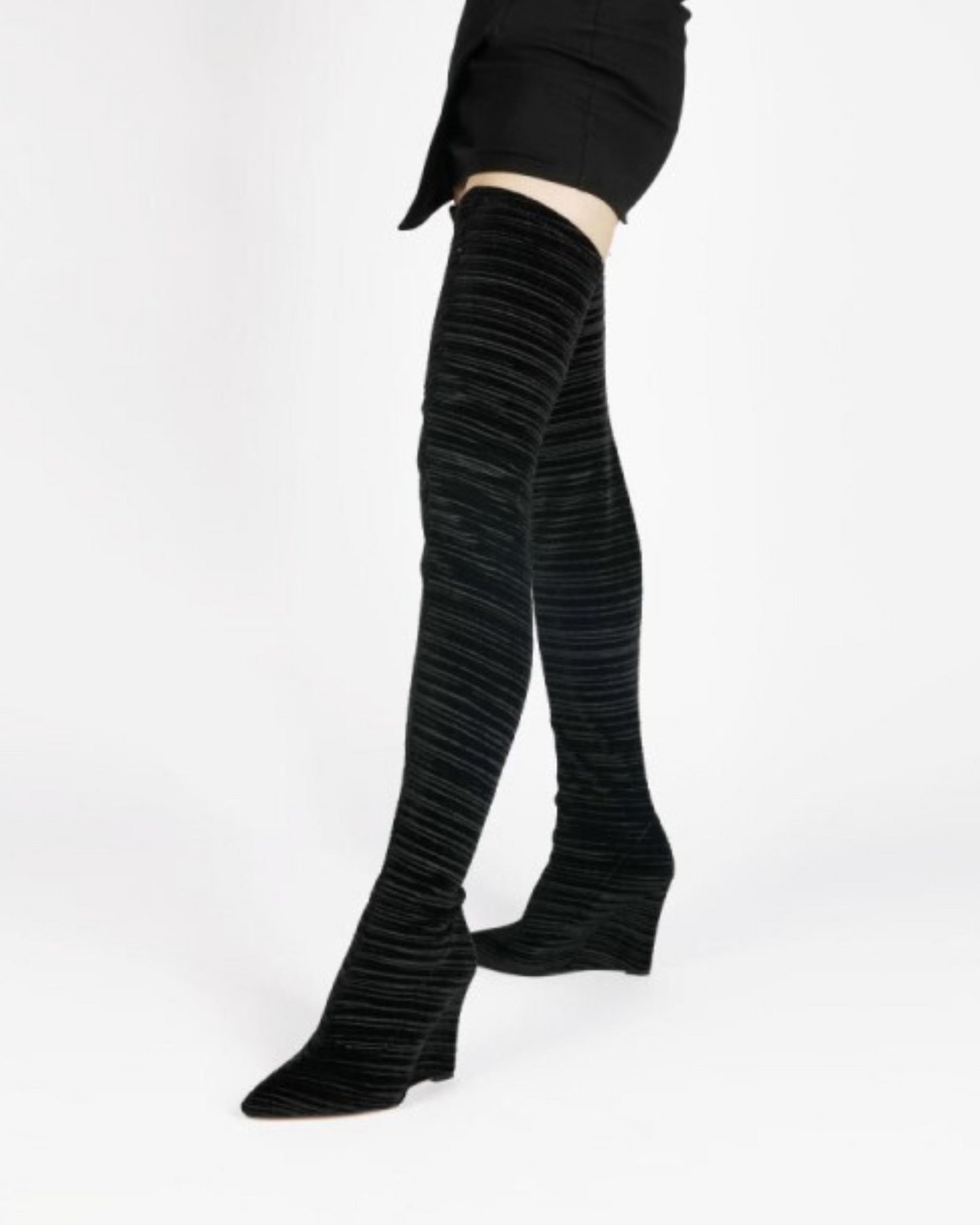 Miley Ribbed Velvet Wedge Over The Knee Boots In Black