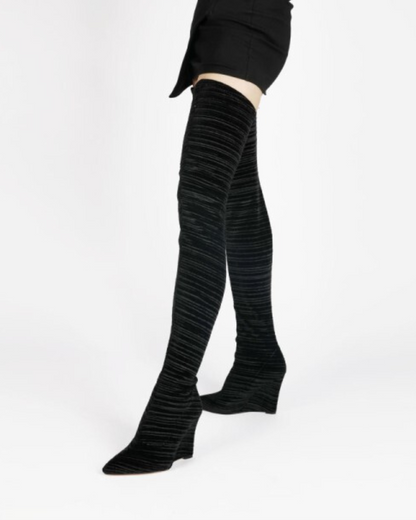 Miley Ribbed Velvet Wedge Over The Knee Boots In Black