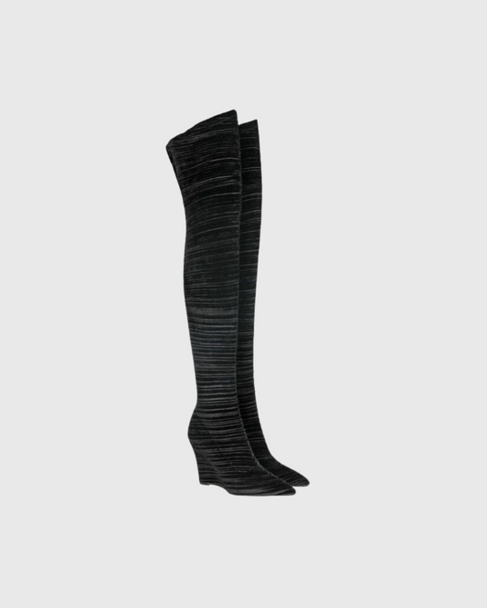 Miley Ribbed Velvet Wedge Over The Knee Boots In Black