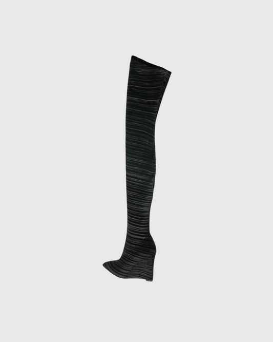 Miley Ribbed Velvet Wedge Over The Knee Boots In Black