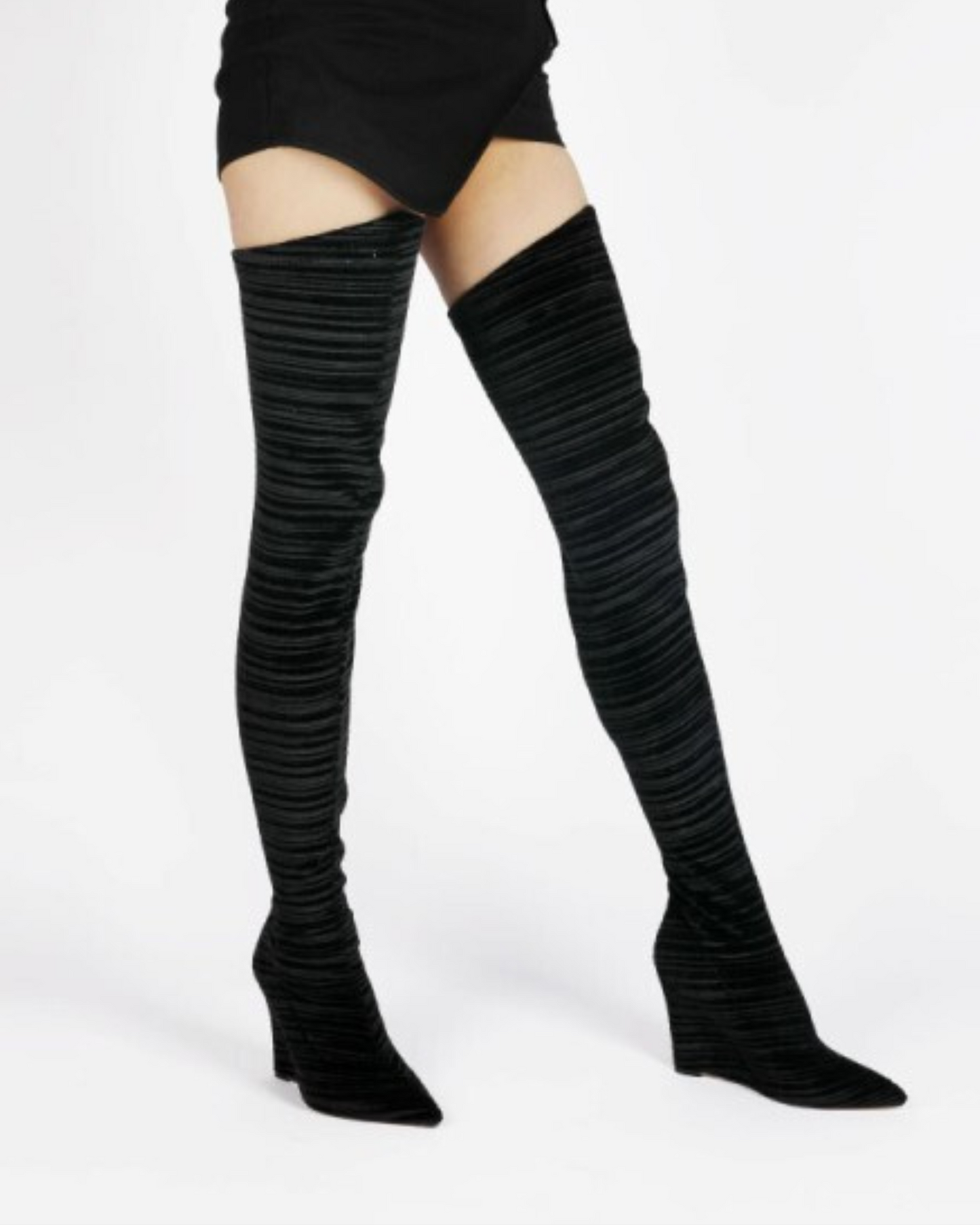 Miley Ribbed Velvet Wedge Over The Knee Boots In Black