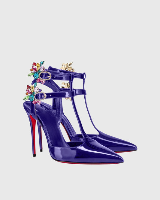 Mina Rhinestone T Strap Pumps In Berry Purple