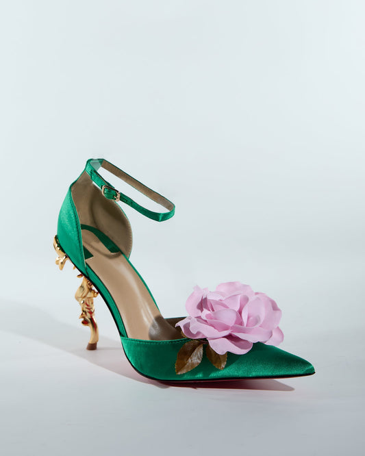 Mya 3D Flower Sculptural Heels In Green