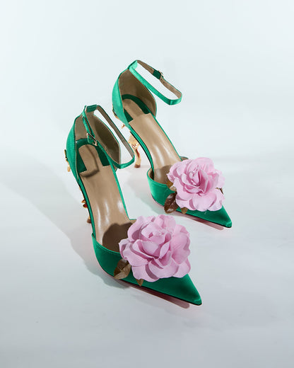 Mya 3D Flower Sculptural Heels In Green