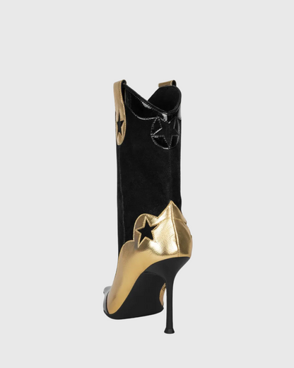Myah Two Tone Mid Calf Boots In Black And Gold