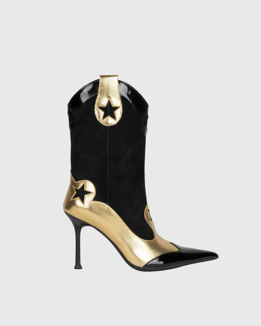 Myah Two Tone Mid Calf Boots In Black And Gold