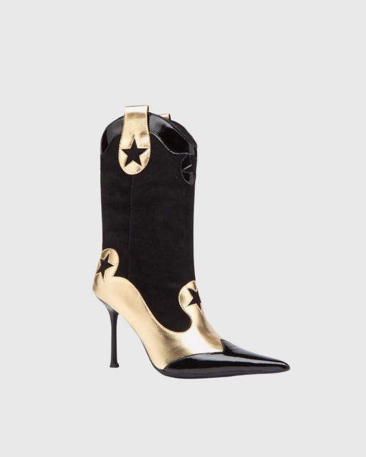 Myah Two Tone Mid Calf Boots In Black And Gold