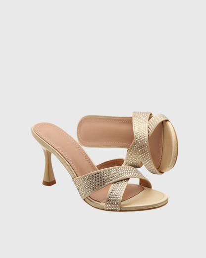 Natalina Rhinestone Cross Flared Heels In Gold