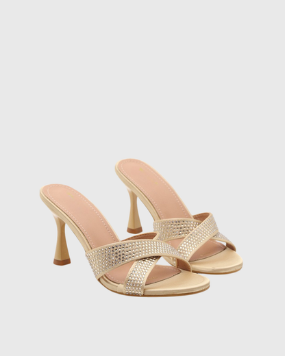 Natalina Rhinestone Cross Flared Heels In Gold