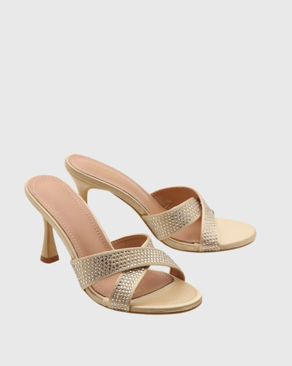 Natalina Rhinestone Cross Flared Heels In Gold