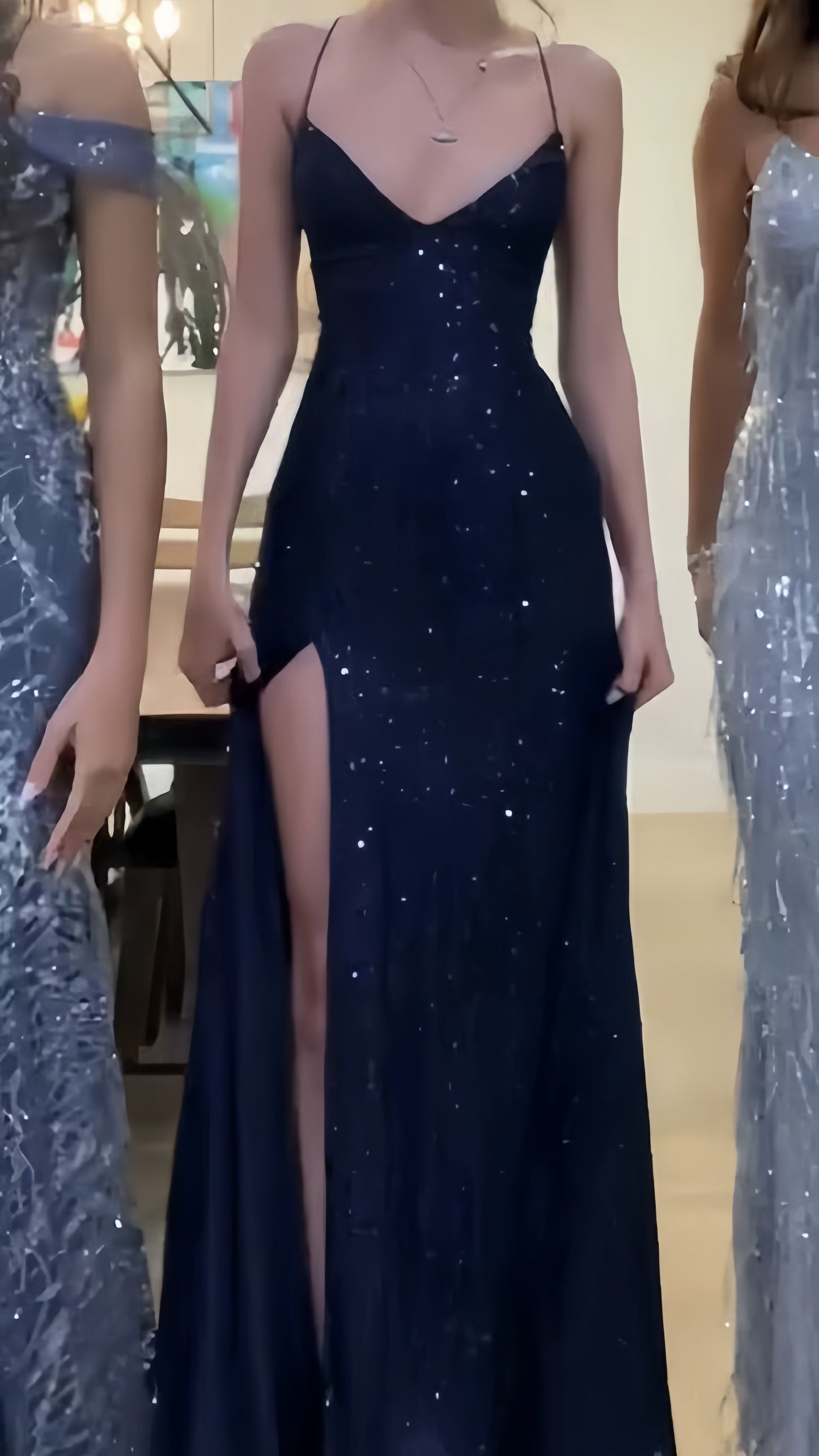 Navy Blue Sequin Mermaid Prom Dress V-Neck Cross Back Long Evening Gown