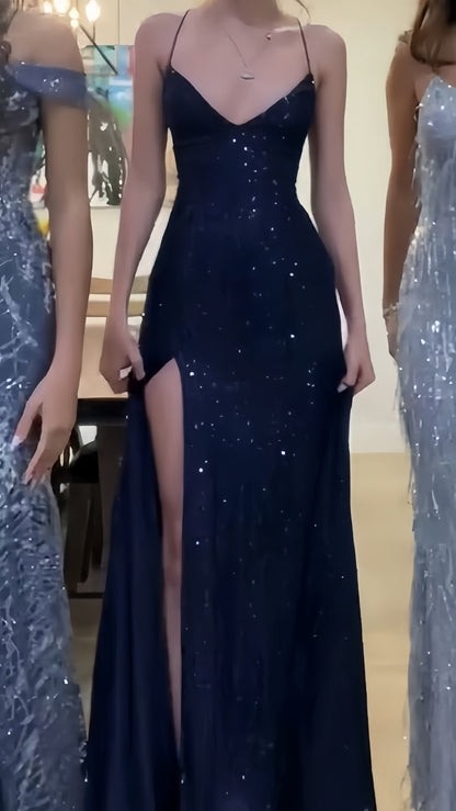 Navy Blue Sequin Mermaid Prom Dress V-Neck Cross Back Long Evening Gown