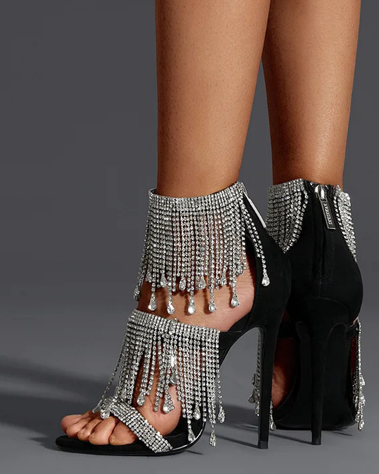 Navy Rhinestone Fringe Sandals