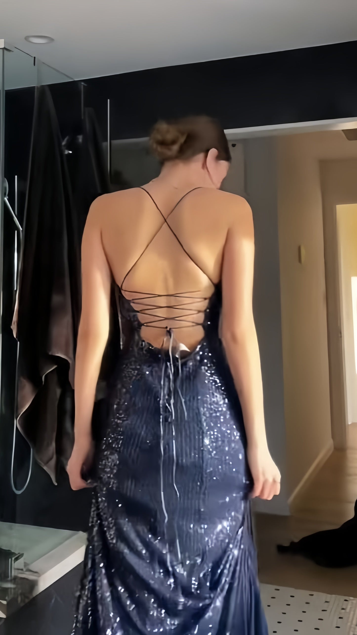 Navy Blue Sequin Mermaid Prom Dress V-Neck Cross Back Long Evening Gown