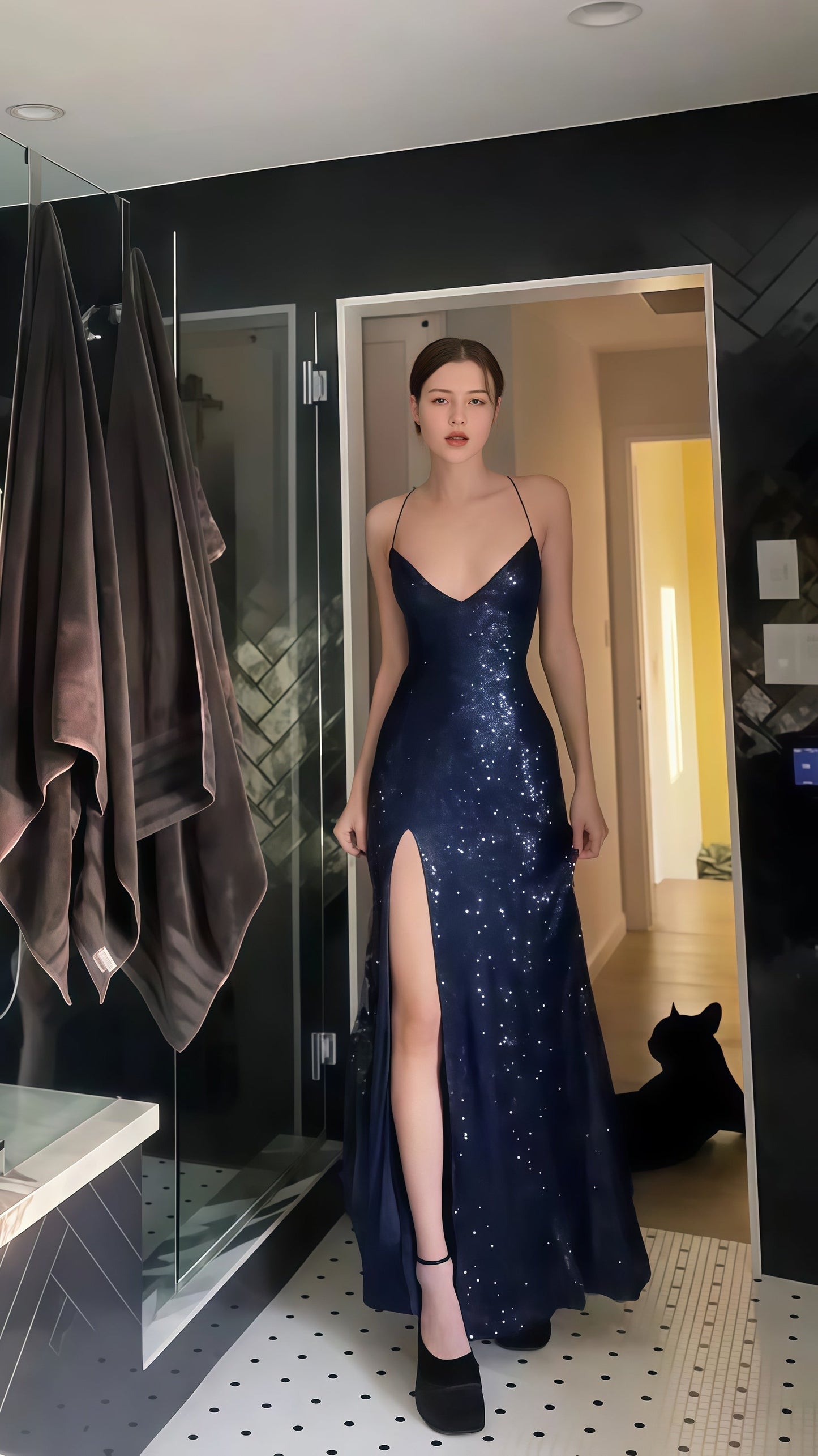 Navy Blue Sequin Mermaid Prom Dress V-Neck Cross Back Long Evening Gown