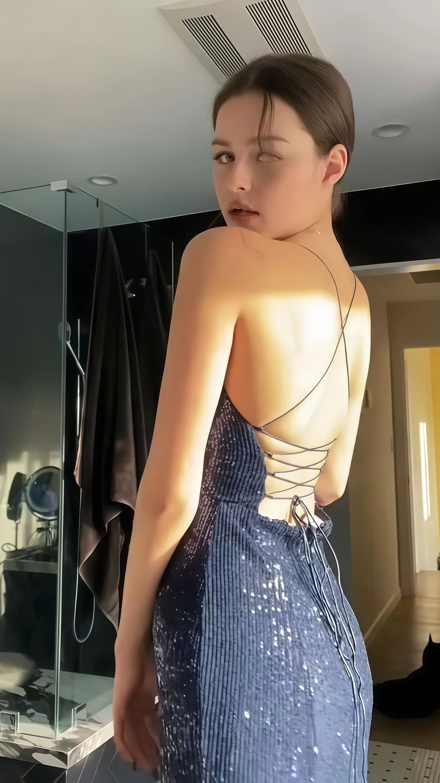 Navy Blue Sequin Mermaid Prom Dress V-Neck Cross Back Long Evening Gown