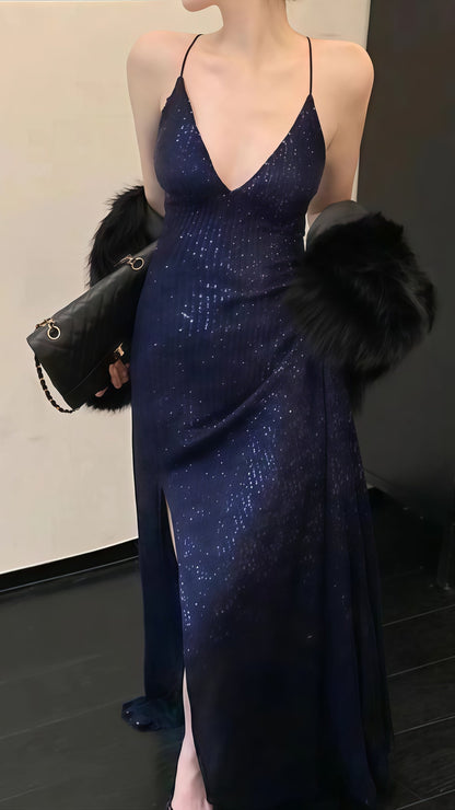 Navy Blue Sequin Mermaid Prom Dress V-Neck Cross Back Long Evening Gown