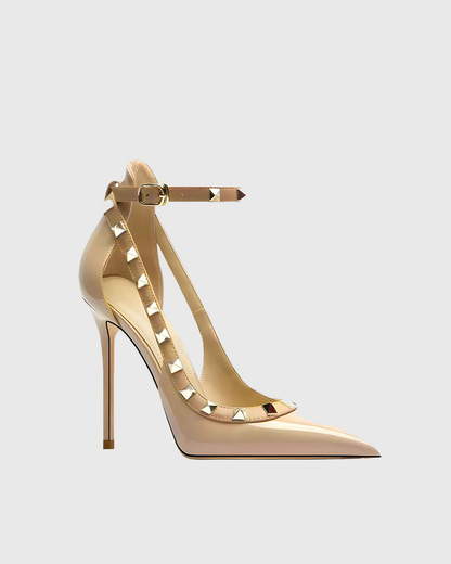 Nella Rivet Embellished Strap Cutout Pumps In Natural