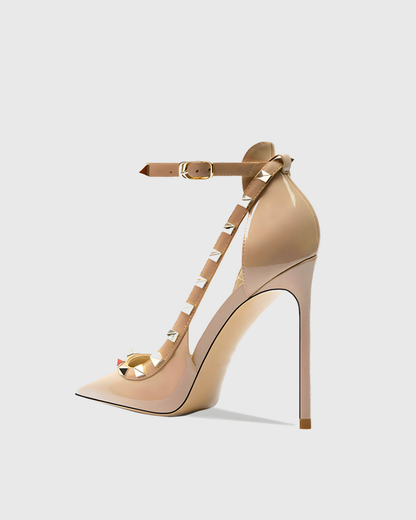 Nella Rivet Embellished Strap Cutout Pumps In Natural