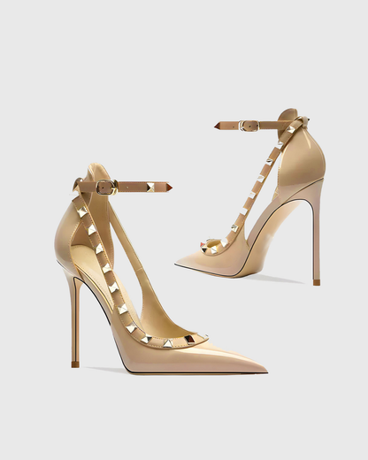Nella Rivet Embellished Strap Cutout Pumps In Natural