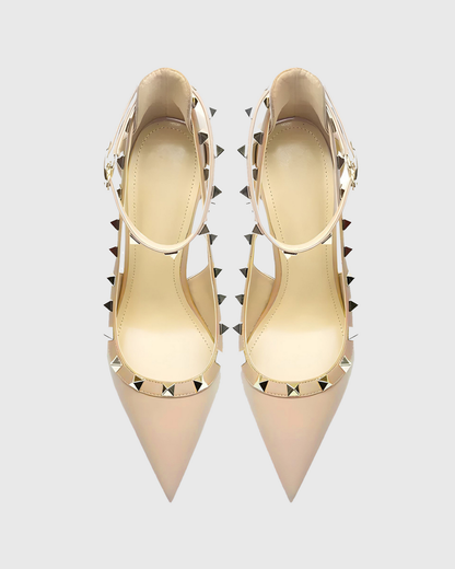 Nella Rivet Embellished Strap Cutout Pumps In Natural