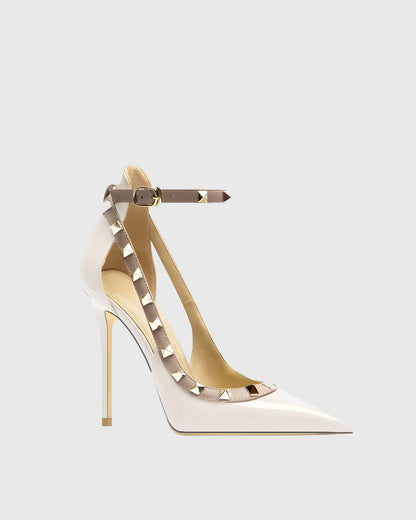 Nella Rivet Embellished Strap Cutout Pumps In White