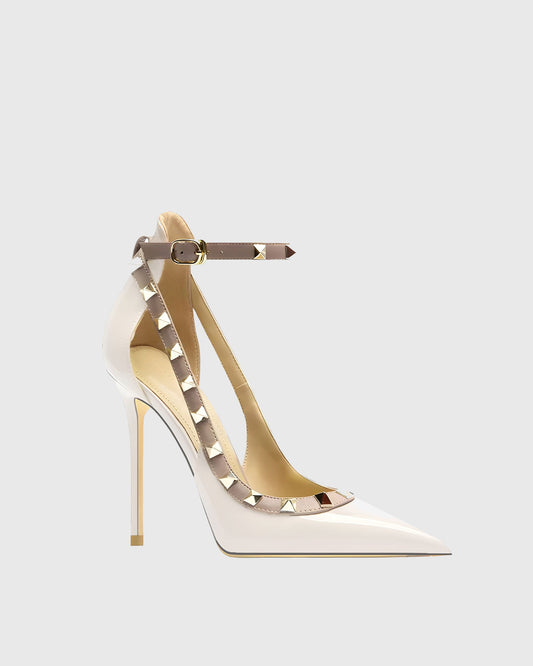 Nella Rivet Embellished Strap Cutout Pumps In White