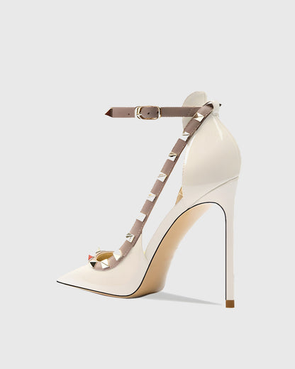 Nella Rivet Embellished Strap Cutout Pumps In White