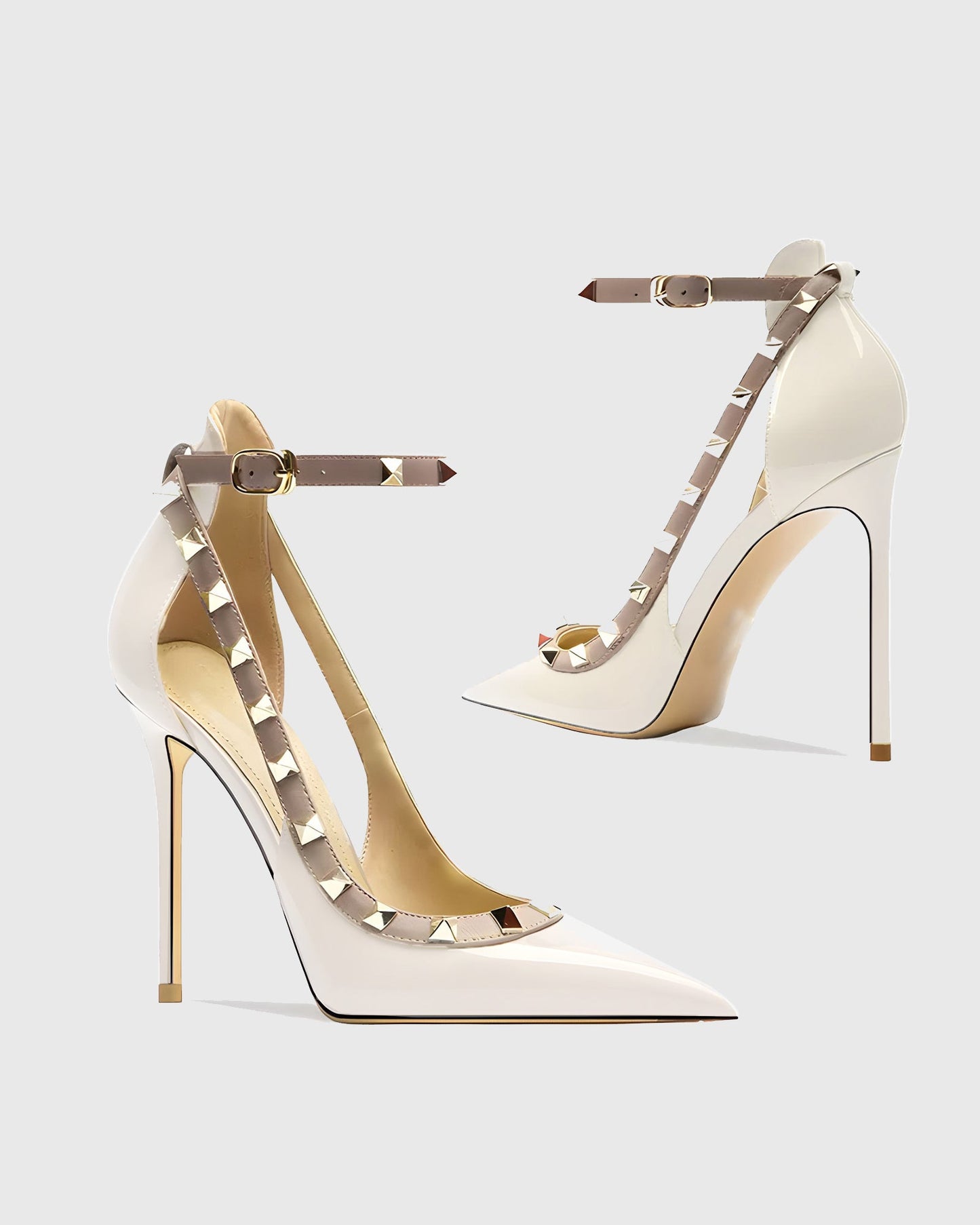Nella Rivet Embellished Strap Cutout Pumps In White