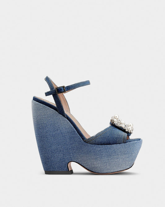Nicolina Pearl Denim Platform Sandals In Blue