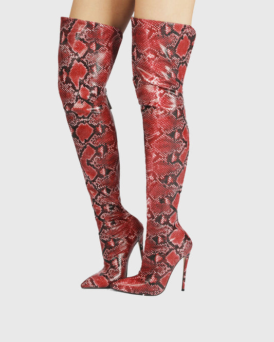 Nives Snake Print Over The Knee Boots In Red