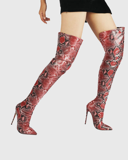 Nives Snake Print Over The Knee Boots In Red