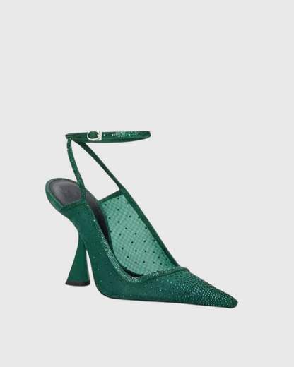 Noa Rhinestone Mesh Flared Heels In Emerald