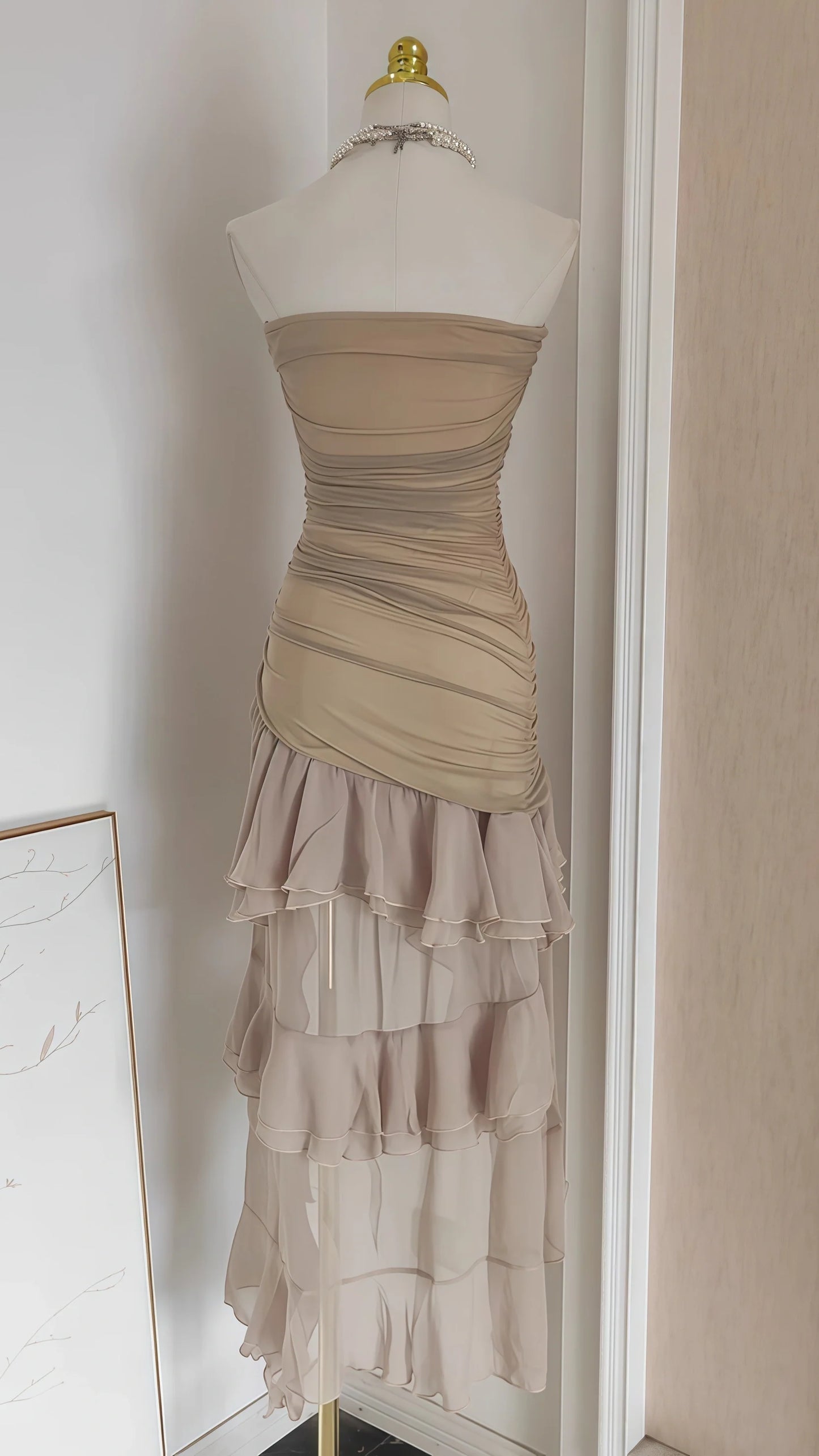 Nude Pleated Chiffon Midi Dress, Hi-Lo Party Dresses