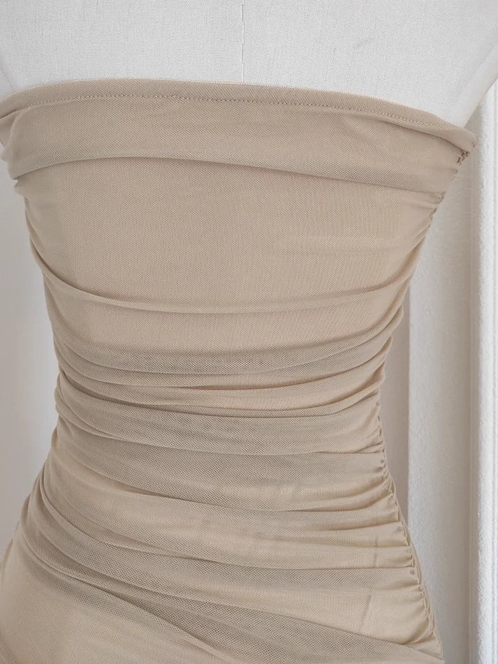 Nude Pleated Chiffon Midi Dress, Hi-Lo Party Dresses