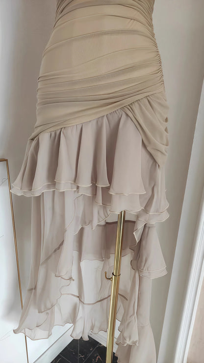 Nude Pleated Chiffon Midi Dress, Hi-Lo Party Dresses