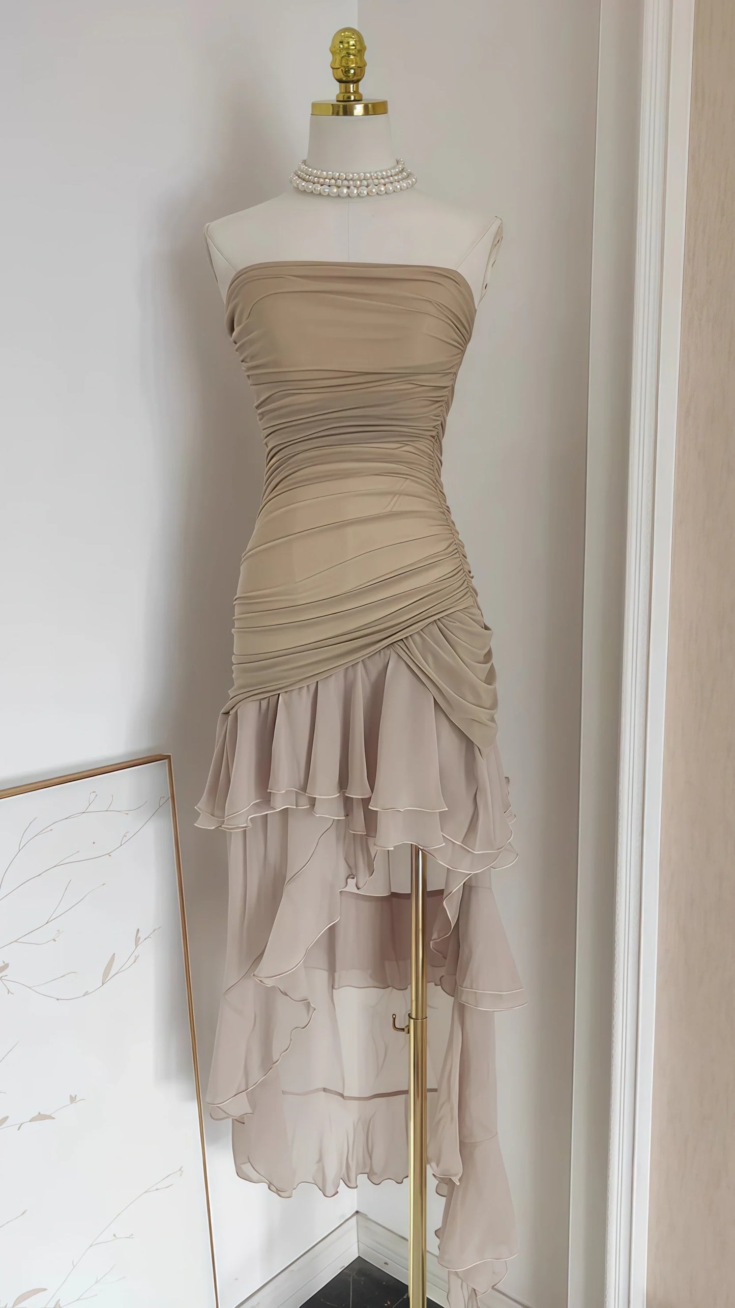 Nude Pleated Chiffon Midi Dress, Hi-Lo Party Dresses