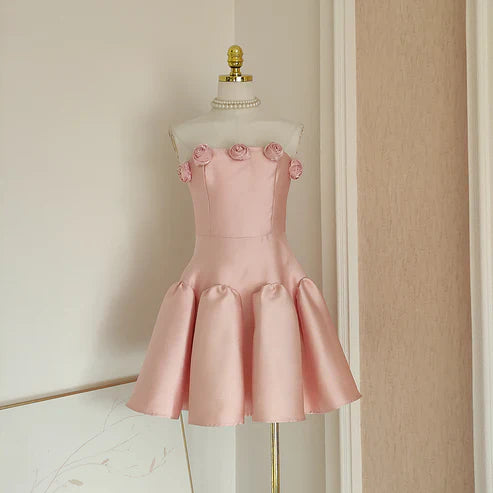 Retro Pink 3D Flowers Design A-line Strapless Satin Mini Party Dress Homecoming Dress TP4045