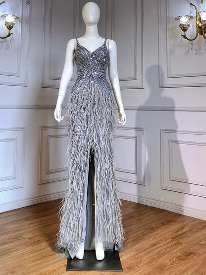 PM502,High Quality Mermaid Feather Beading Long Prom Dresses With Slit