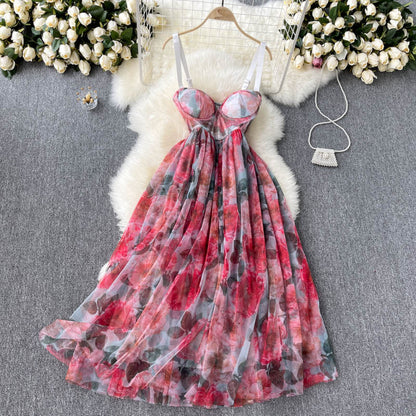 Sexy Spaghetti Straps Pink Floral Dress Summer Women Holiday Dress P217