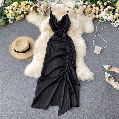 Sexy Spaghetti Straps Backless Silk Satin Dress Women Summer Holiday Dress P158