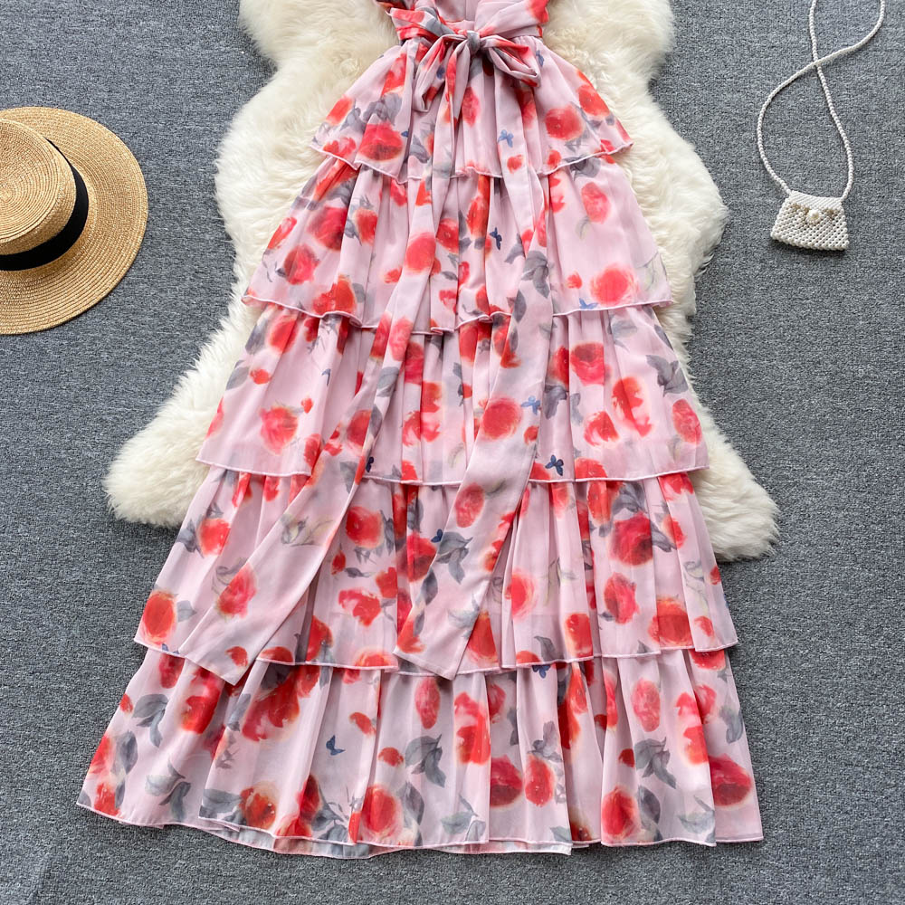 Sweet V neckline Summer Floral Dress Women Holiday Dress P174