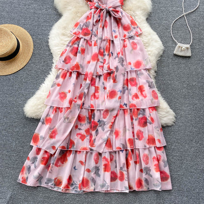 Sweet V neckline Summer Floral Dress Women Holiday Dress P174