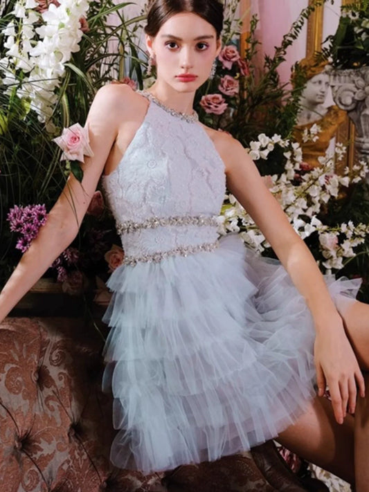 New Fashion Light Blue Beading A-line Tulle Short Tiered Party Dress Homecoming Dresses TP3928