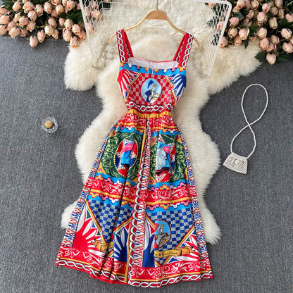 Vintage Straps Red Dress Summer Women Holiday Dress P218
